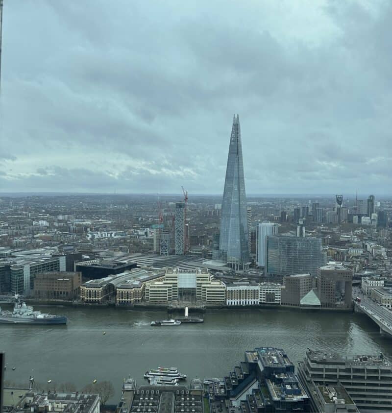 City skyline with The Shard and river view from a high vantage point.