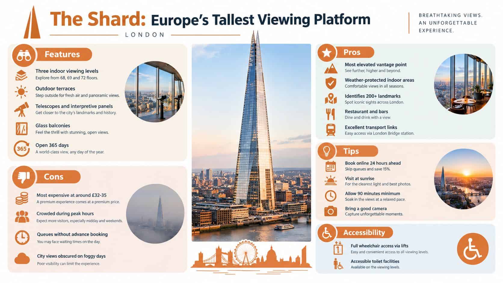An infographic titled The Shard summarizing features, pros, cons, tips, and accessibility for London's tallest viewing platform.