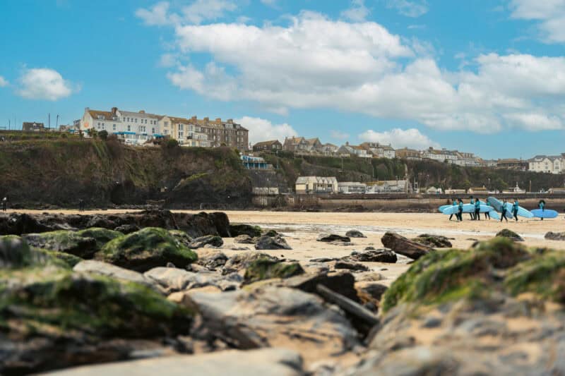 Beach and surfboards at St Christopher’s Newquay, Cornwall.