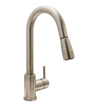 Huntington Brass Flux Gooseneck Faucet with MAGNETIC Pull Down Sprayer - One or Three Hole Installation K48802 in BRUSHED SATIN NICKEL Finish