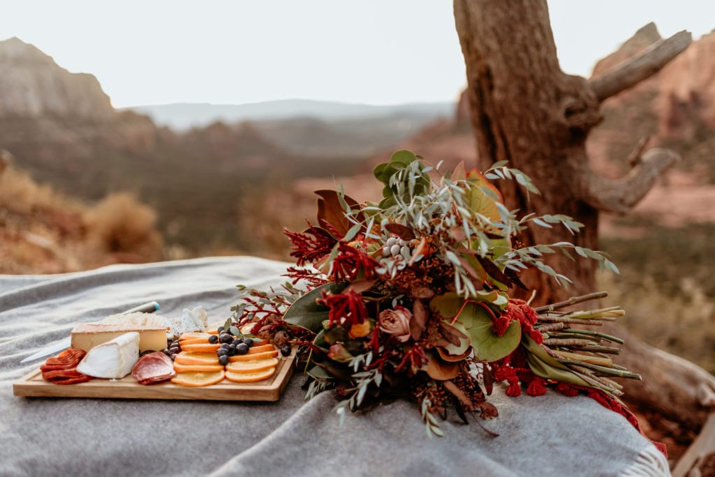 Wild bouquet and picnic chartreuse board to watch the sunset over Sedona