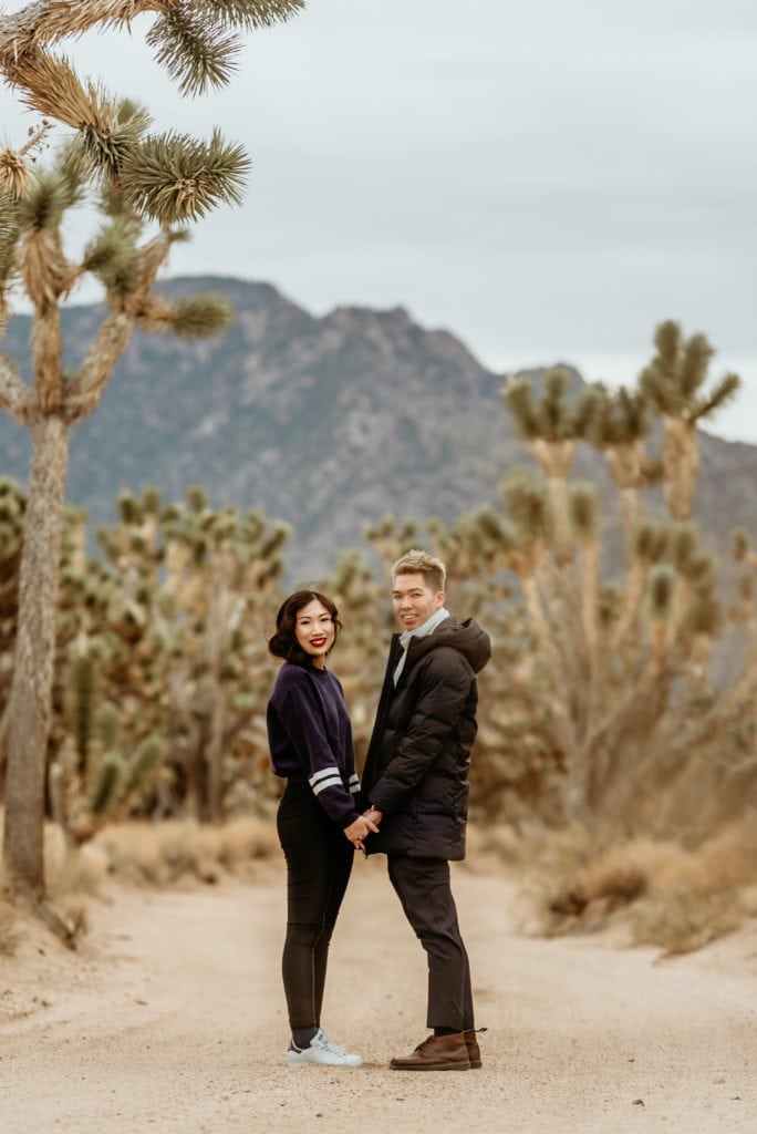 Cute engagement photos in hidden Joshua Tree forest in Arizona