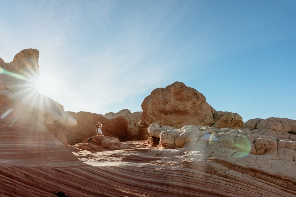 Engaged couple surrounded by Mars like rock formations