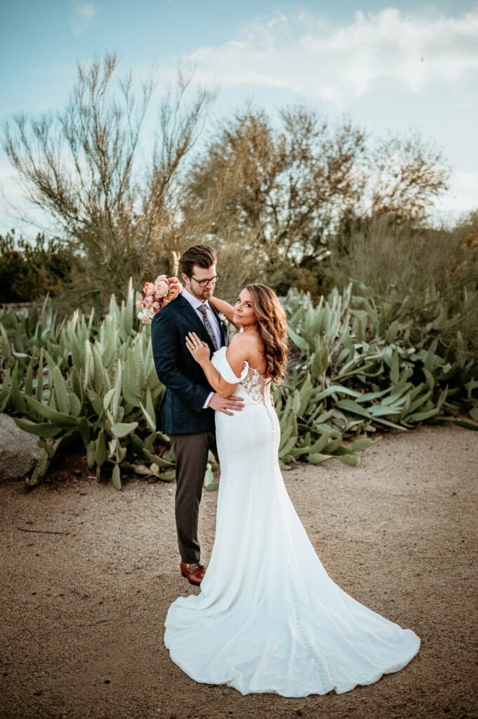 Wedding couple in the cactus garden during their Andaz Resort Wedding in Scottsdale