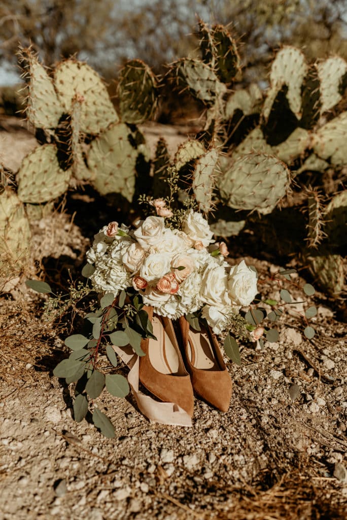 DIY bouquet with tan suede heels and prickly pear cactus