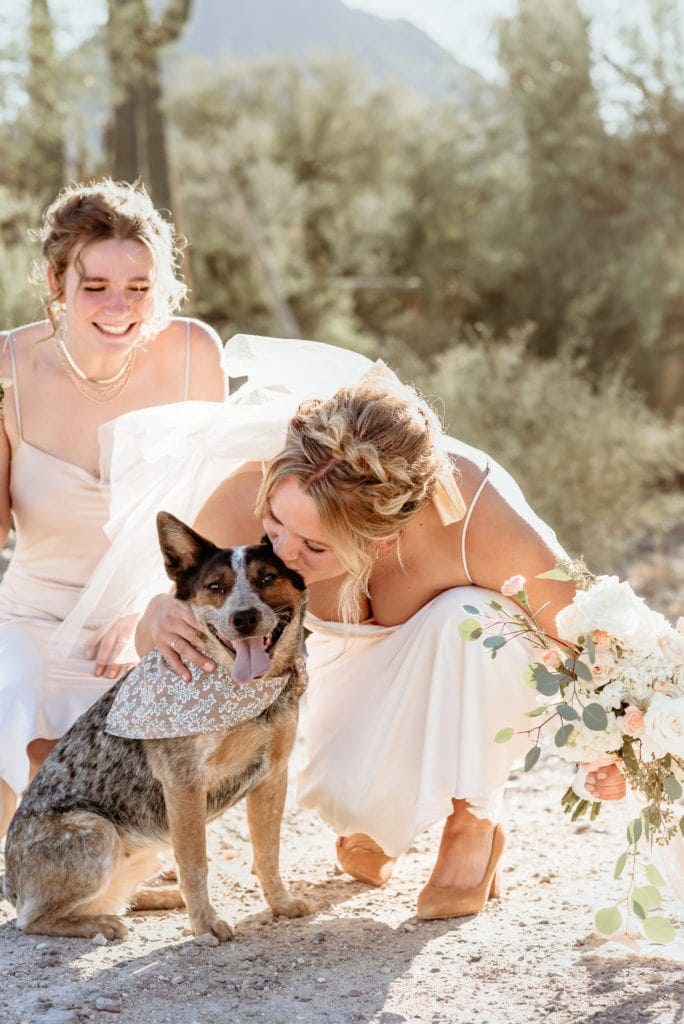 Bride kissing her flower girl cattle dog Kyote