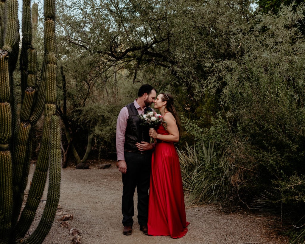Wedding couple surrounded by giant cacti during their intimate Tucson Botanical Gardens wedding