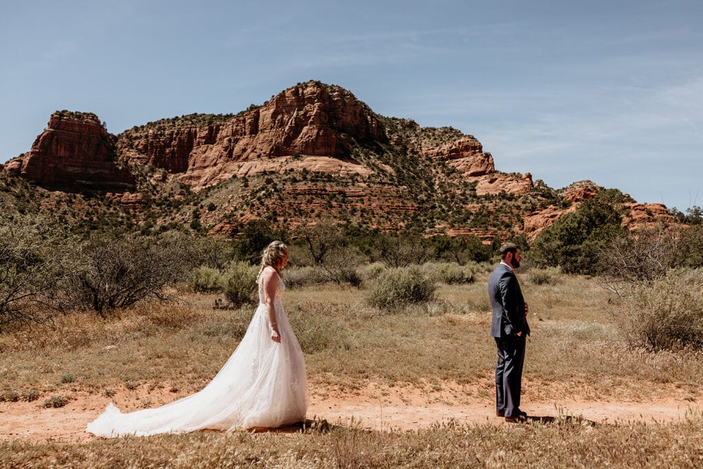 First look on the trail behind the Red Agave Resort Wedding Venue in Sedona, Arizona