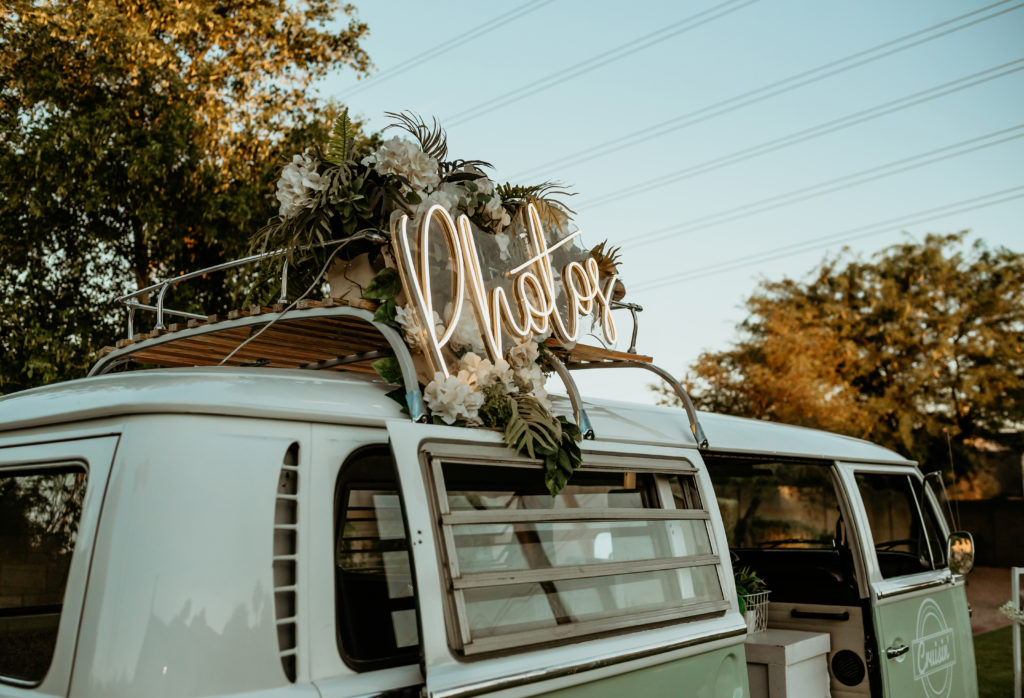 Photo bus during backyard AirBnB wedding in Arizona