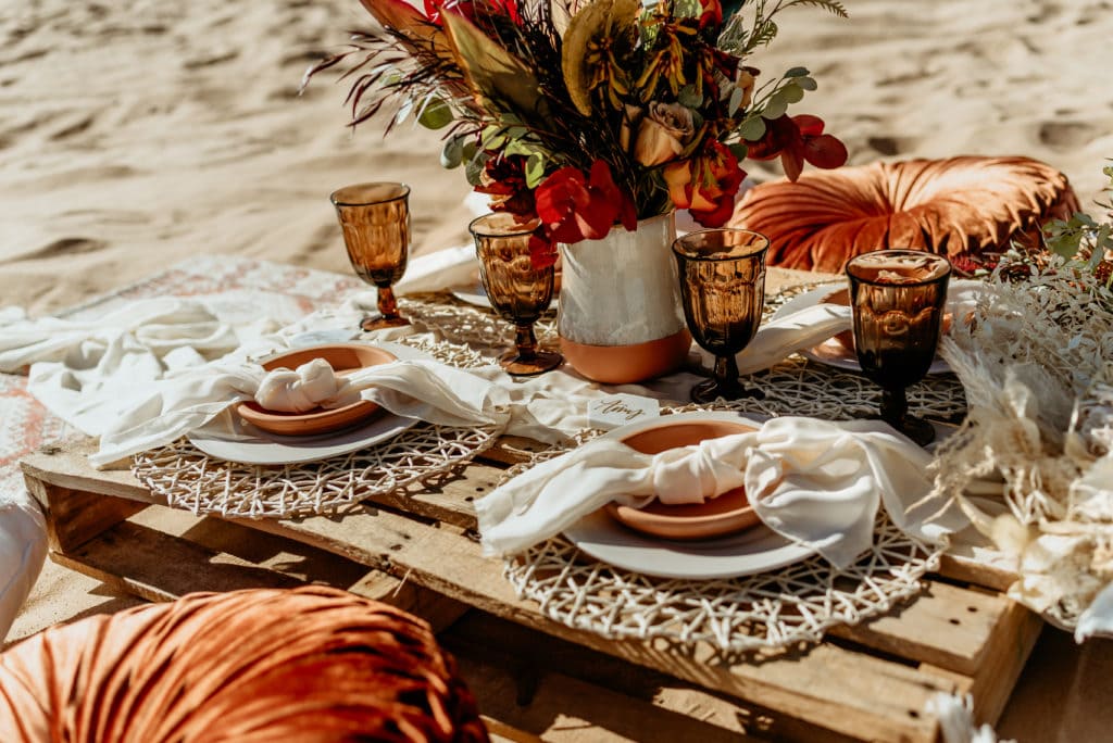 Gorgeous and minimalistic picnic set up for sunset dinner during Glamis elopement