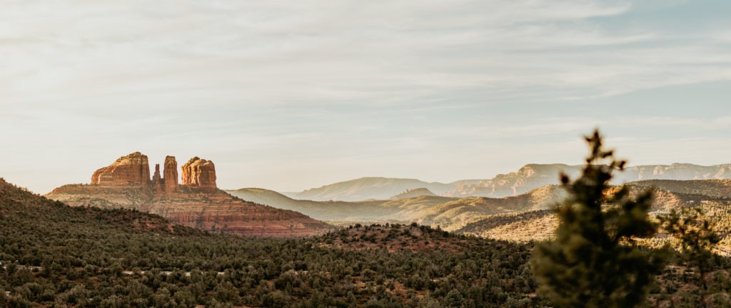 View of Cathedral Rock from an overlook off the Courthouse Vista trailhead in Sedona, AZ