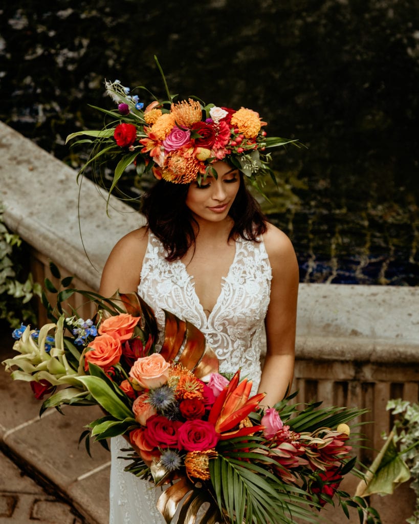 Bride's tropical goddess headdress and bouquet from above