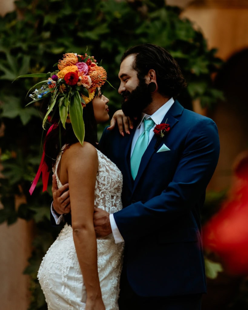 Bride and groom gazing into each others eyes during their Tlaquepaque Wedding