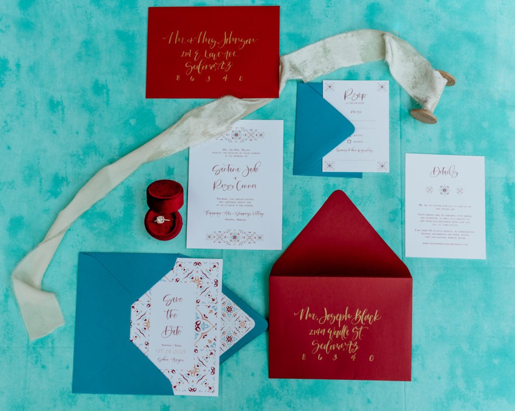 Blue and red details and invitation suite