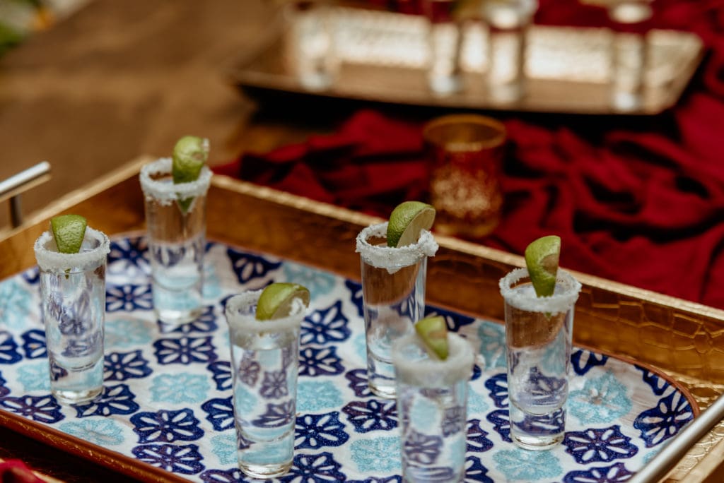Tequila shots during the courtyard reception at Tlaquepaque Arts Center