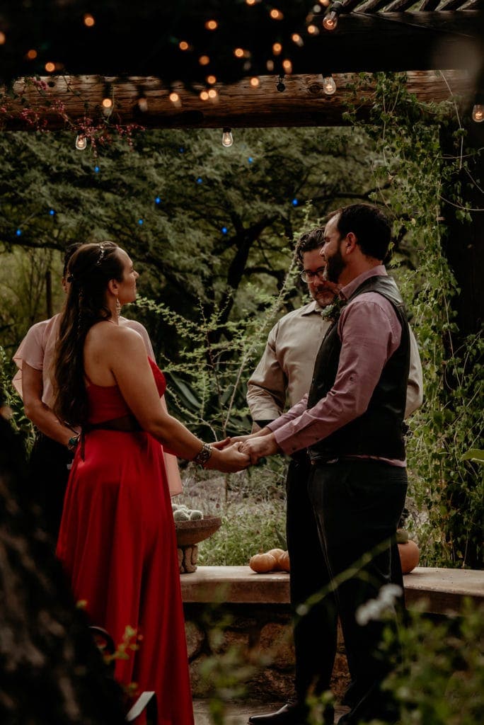 Wedding couple under vine lined arbor during their Tucson Desert Botanical Garden Intimate Wedding