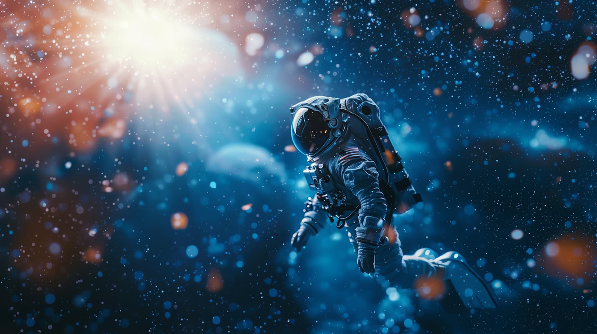 Astronaut floating in space with stars and cosmic background.