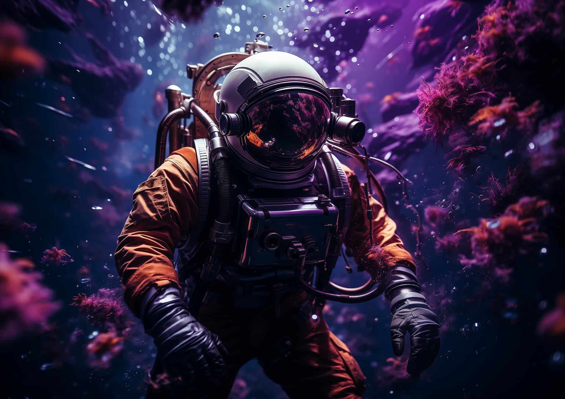 Astronaut exploring a vibrant, colorful underwater-like environment.