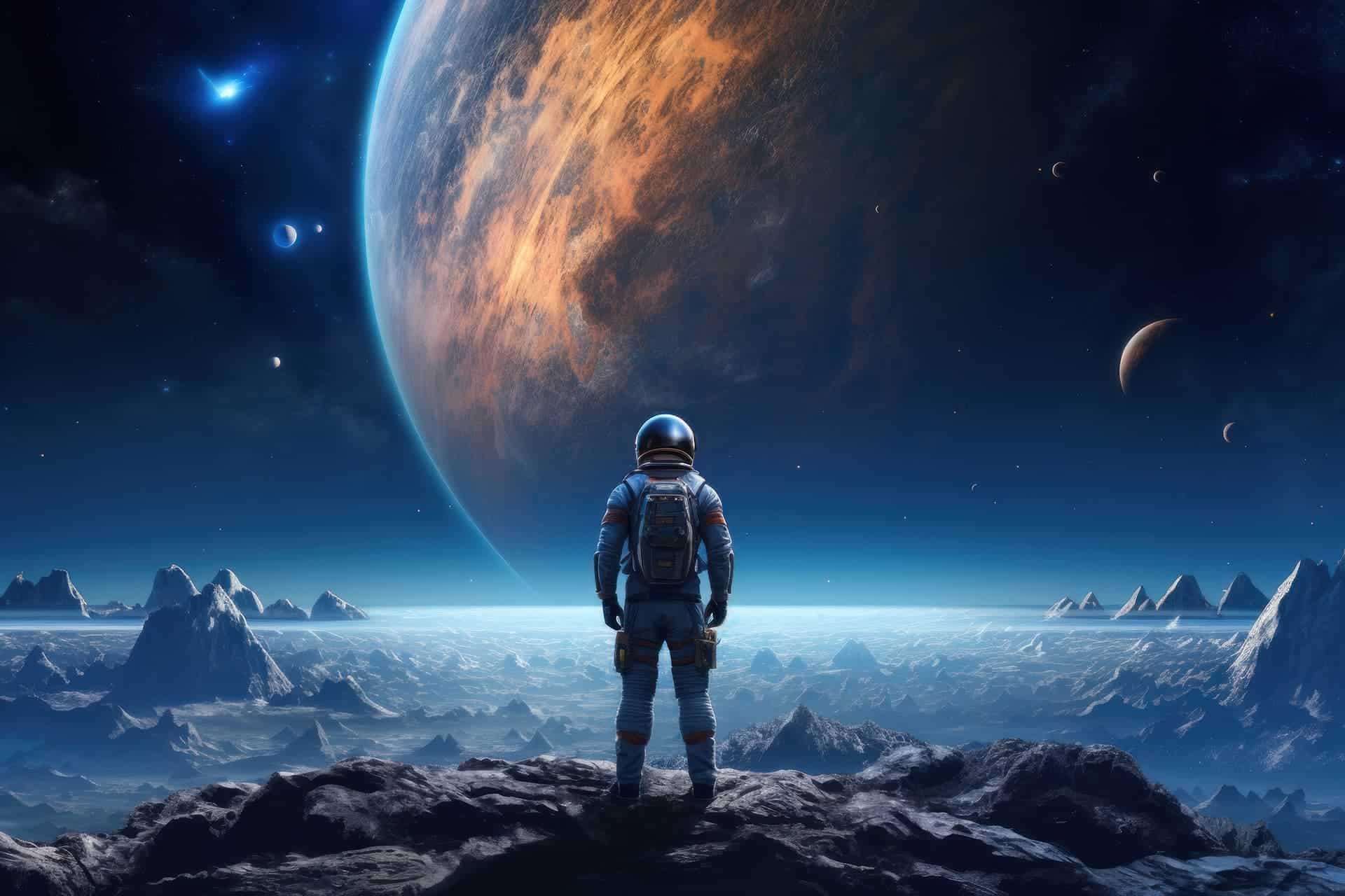 Astronaut in spacesuit overlooking planetary landscape, representing innovative marketing strategies and business growth.