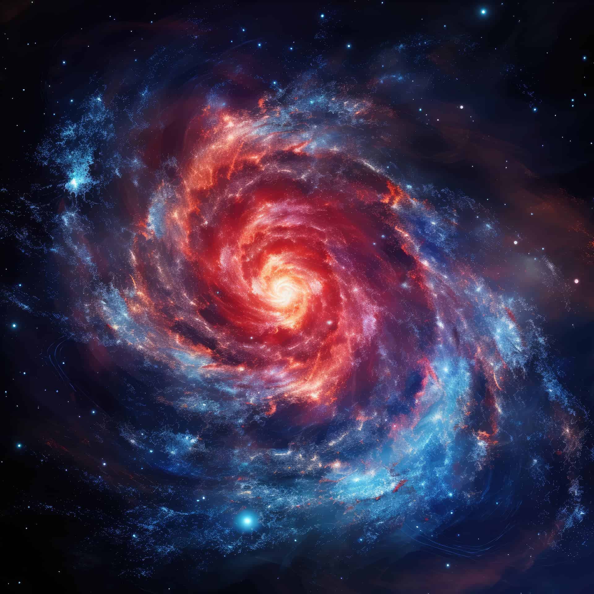Vivid galaxy with swirling red, blue, and purple colors in deep space.