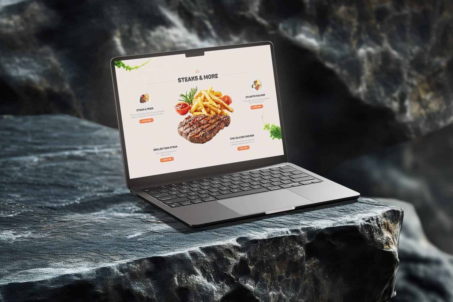 Laptop displaying a food menu with steaks and fries on a rocky surface.