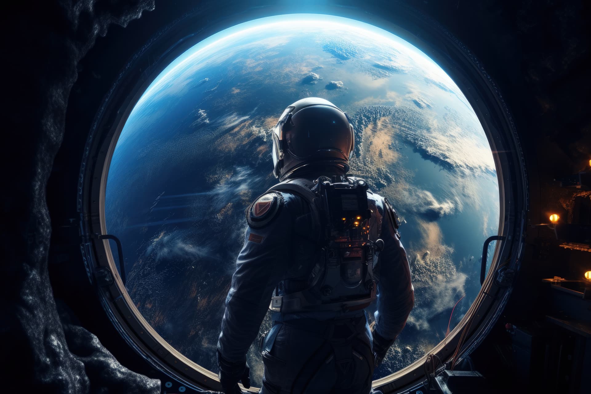 Astronaut looking at Earth from space through a spacecraft window.