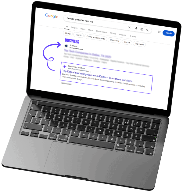 Laptop displaying Google search results for SEO services in Dallas, Texas, highlighting TeamForce Solutions.