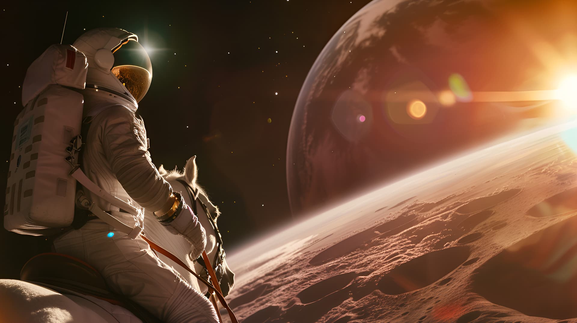 Astronaut in space with Earth and sun in the background.