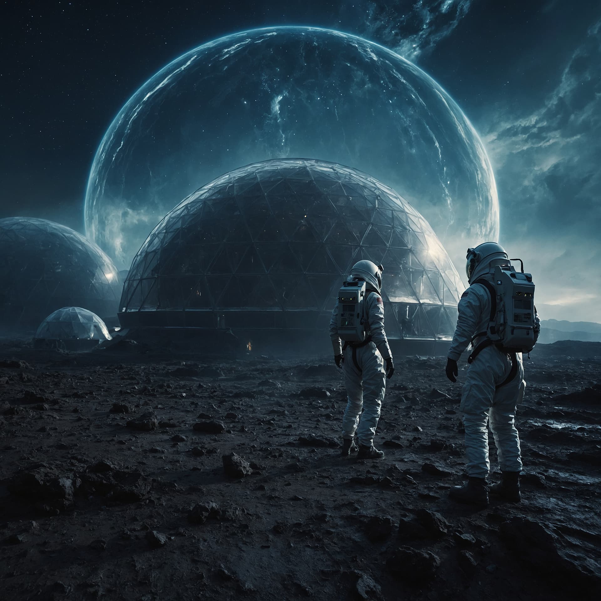 Astronauts exploring alien landscape with geodesic domes and planets in the background.