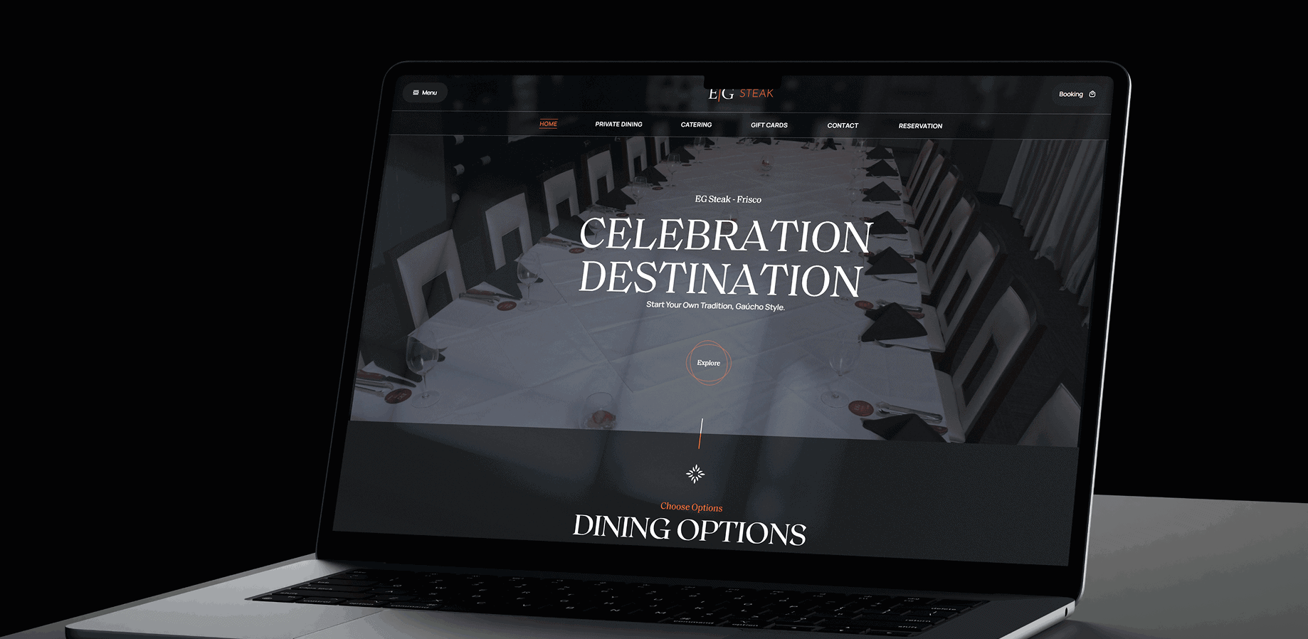 EG Steakhouse website design on laptop showcasing luxury dining experience and reservation options.