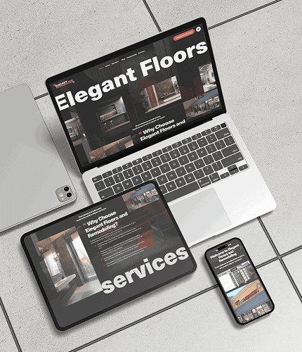 Responsive website displayed on laptop, tablet, and smartphone for Elegant Floors Remodeling.