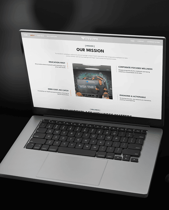Laptop displaying TeamForce Solutions' mission and wellness programs.