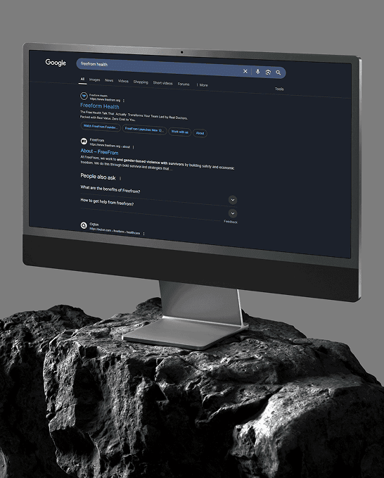 Computer monitor displaying Google search results for FreeForm Health.