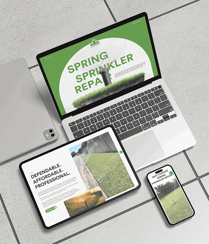 Laptop and devices displaying Spring Sprinkler Repairs website design and branding by TeamForce Solutions.