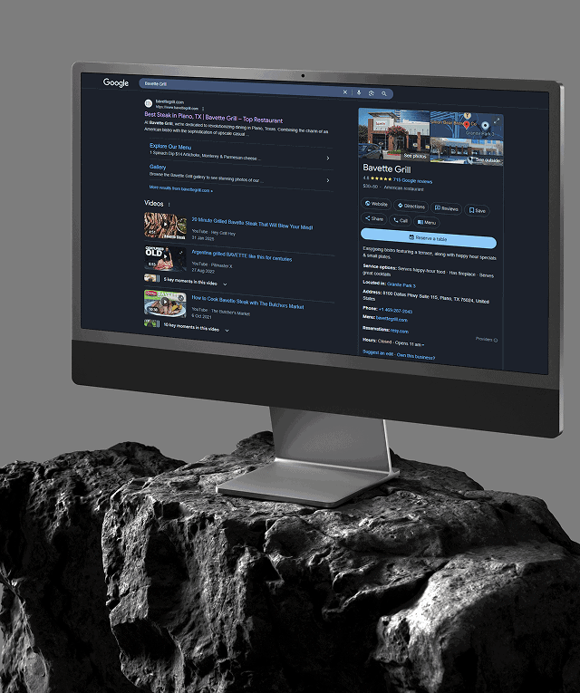 Bavette Grill website design on monitor showcasing digital marketing results by Team Force Solutions.