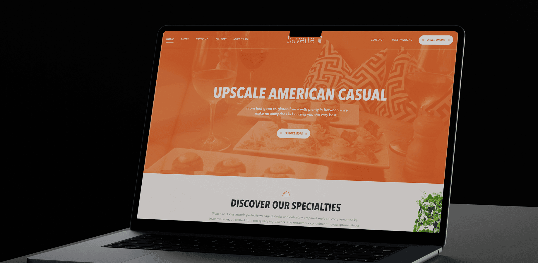 Bavette Grill website design on laptop showcasing upscale American casual dining experience and menu.