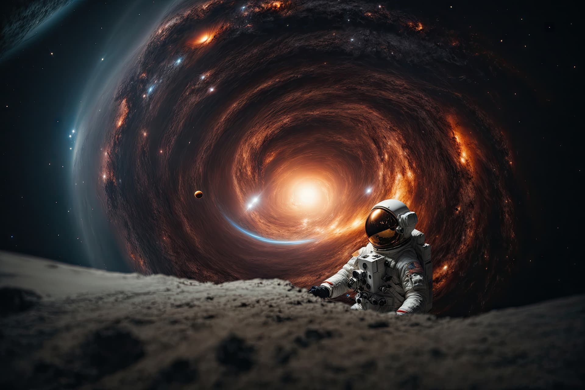 Astronaut near black hole illustrating branding mistakes and visual identity challenges.