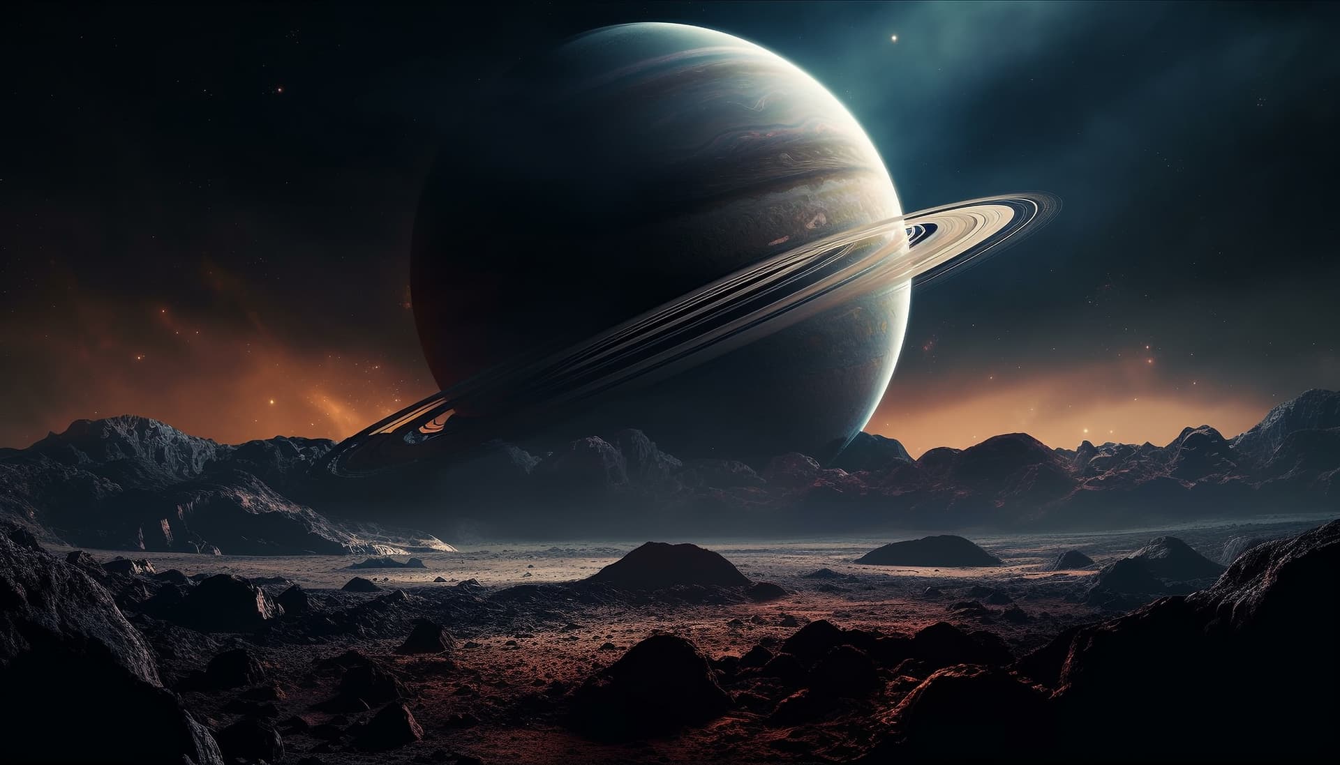 Futuristic space landscape with a large planet and rings over rocky terrain.