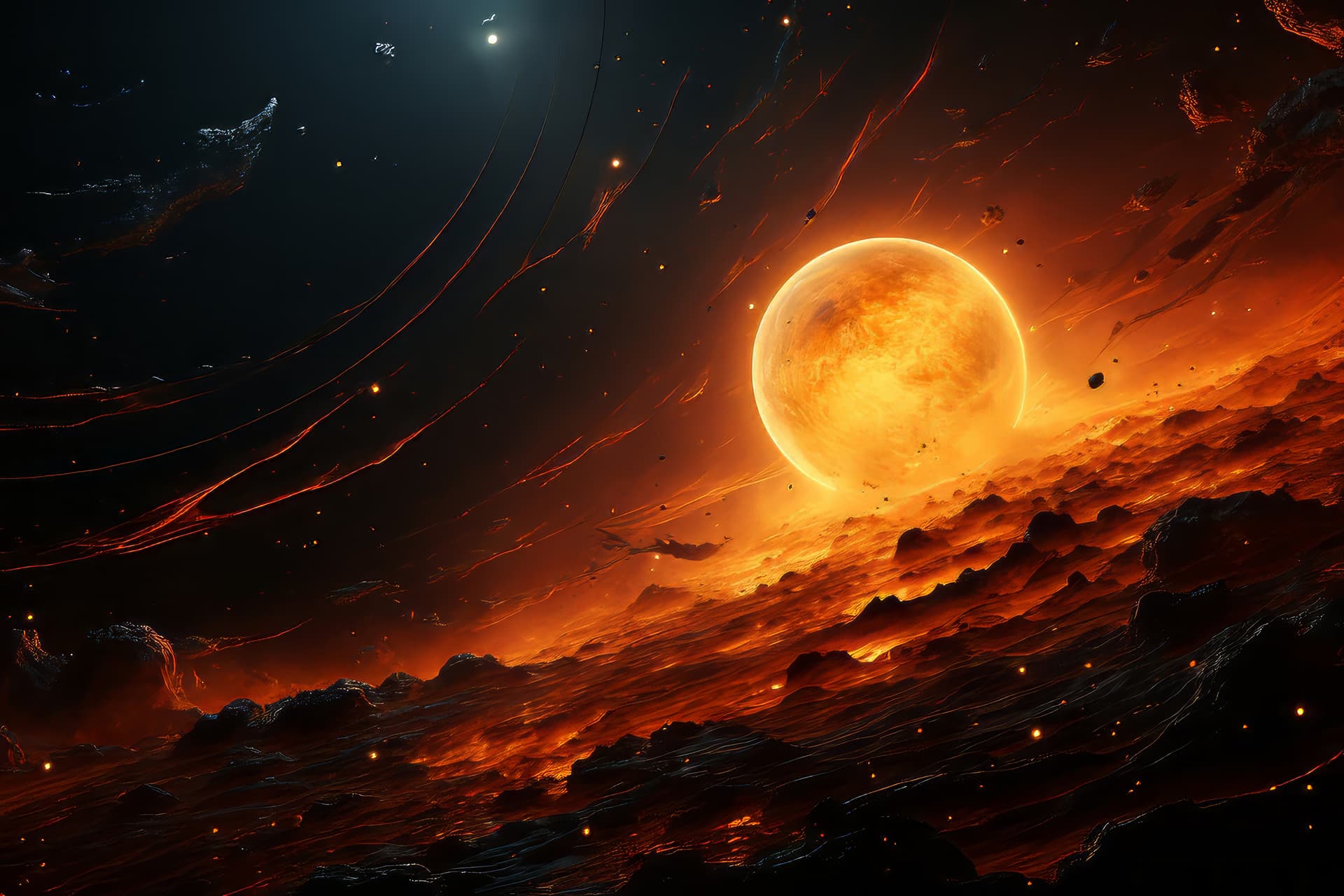 Astronomical scene with a glowing sun and cosmic clouds in space.