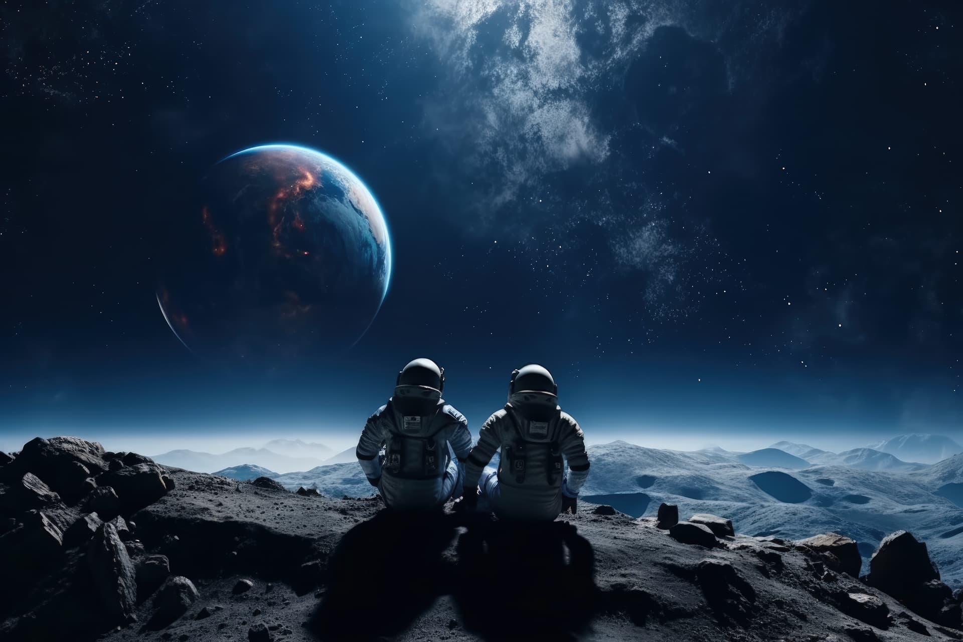 Astronauts wearing equipment representing a complete brand identity and visual system.