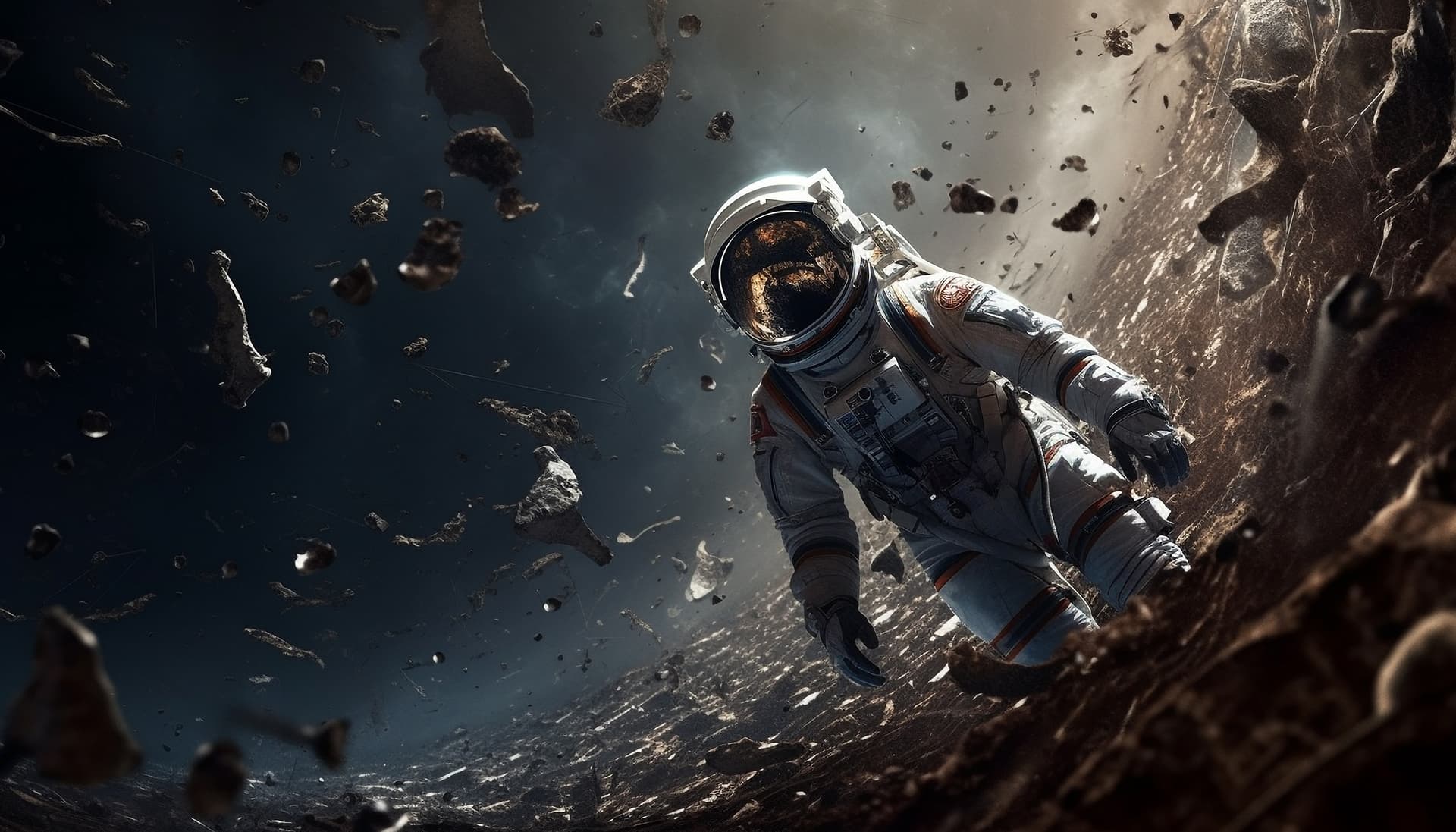 Astronaut floating in space among asteroids and debris.