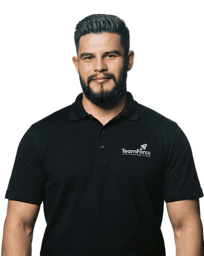 Professional staff member wearing TeamForce Solutions polo shirt.
