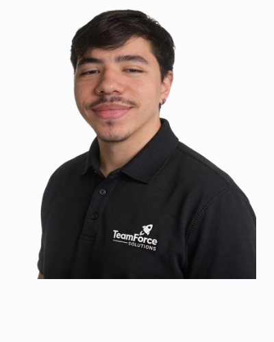 TeamForce Solutions employee in black polo shirt with logo, smiling confidently.