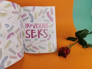 Het boek ik & seks ligt open geslagen op de titelpagina van het deel ik & veilige seks. Je ziet om de tekst heen illustraties van condooms, de anticonceptiepil en spiraaltjes.