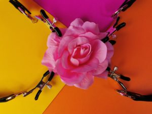 De schaamlippenspreider zit op een bloem, om een beetje een idee te geven hoe het op een vulva zou zitten.