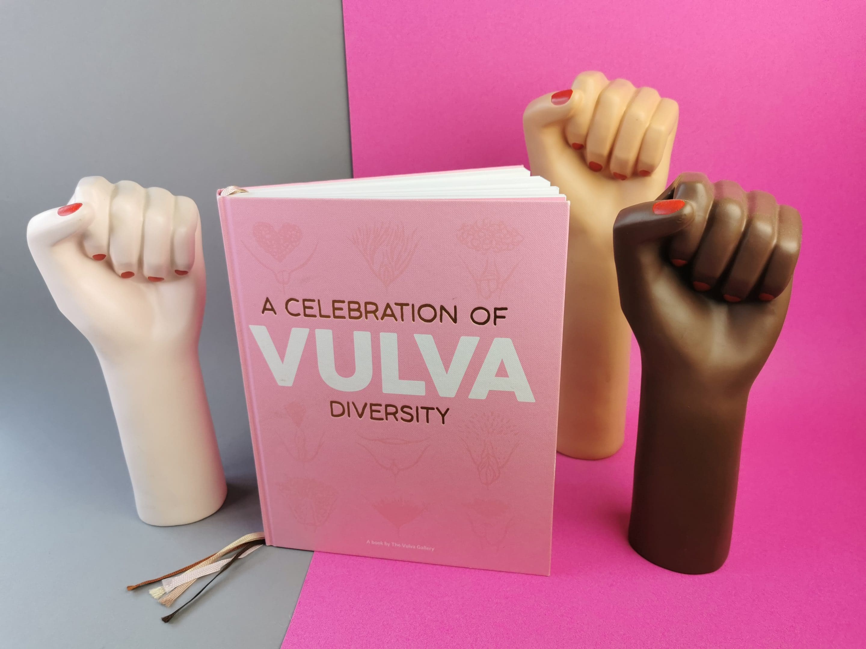 Het boek A celebration of vulva diversity is roze en de titel staat er op, het woord vulva is extra groot. Er omheen staan drie vaasjes in de vorm van drie vuisten in verschillende huidskleuren.