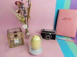 De biird obii staat in de oplader, die er uit ziet als een doorzichtig kooitje. Daar omheen staat een glazen bakje met een flesje parfum, een rond vaasje met droogbloemen, een oude fotocamera, een notitieboek met daarop de tekst getting stuff done en een roze met gele pen. De achtergrond is lichtroze, lichtblauw, mintgroen en lila.