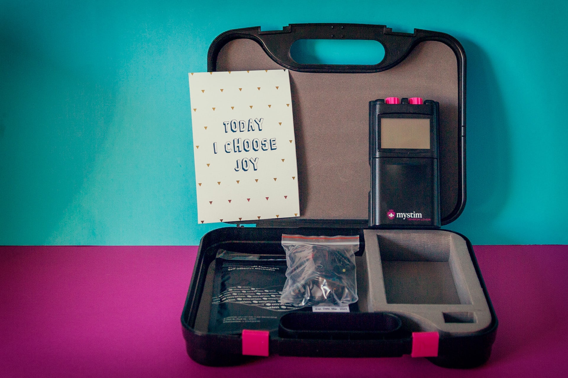 Mystim Tension Lover in zijn koffer met bijgeleverde accessoires