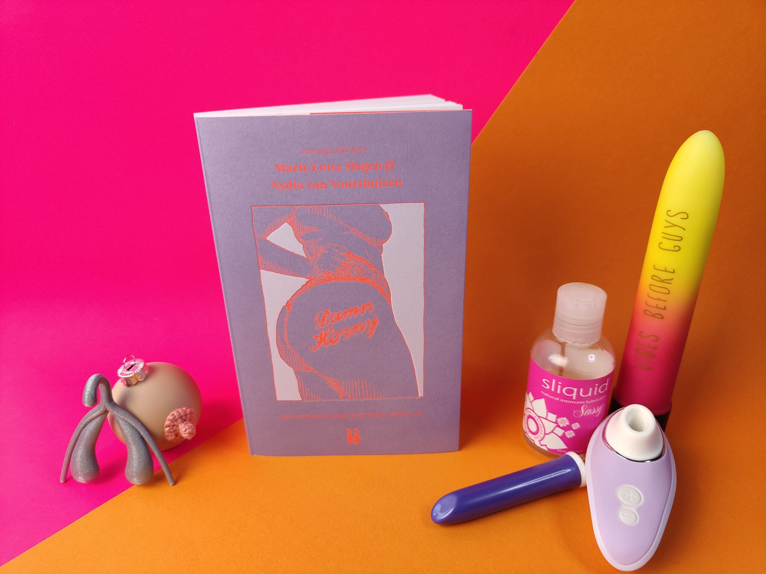 Het boek Damn Horny staat naast een 3D clitoris en een tiet-kerstbal. Aan de andere kant een flesje glijmiddel en wat sextoys.