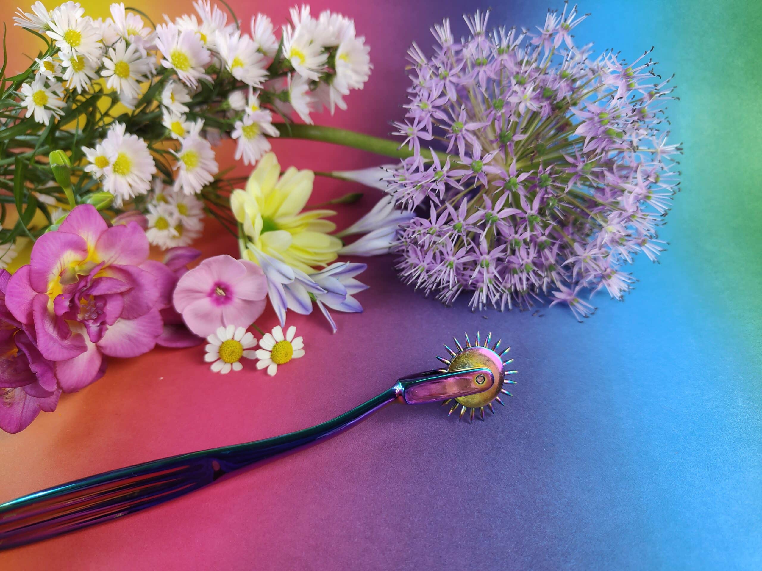 Het Rimba Bondage Play Pinwheel Regenboog op een regenboog ondergrondje met bloemen.
